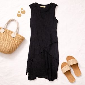 Casa Donna Black Linen Blend Asymmetrical Midi Dress Small